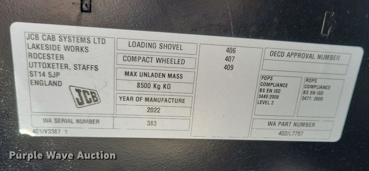 image for item DG0616 2022 JCB 407 wheel loader