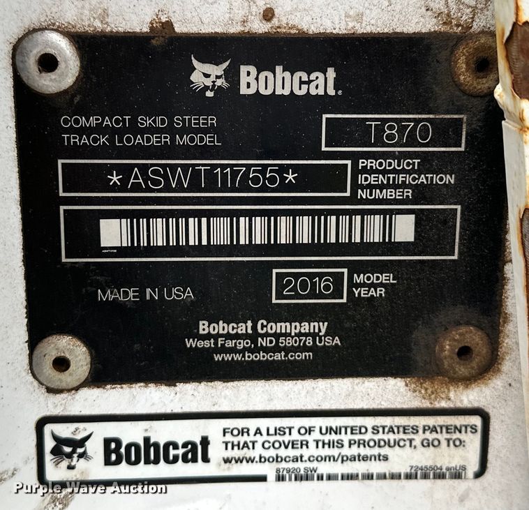image for item DO6958 2016 Bobcat T870 tracked skid steer loader