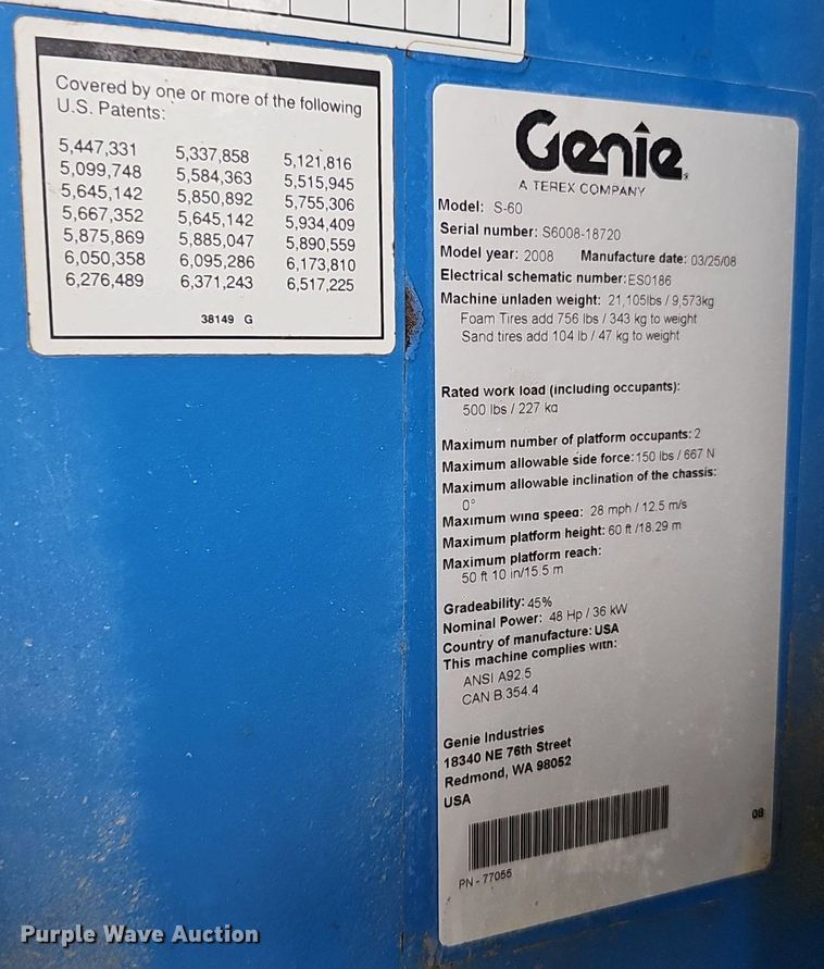 image for item DP0907 2008 Genie S-60 boom lift