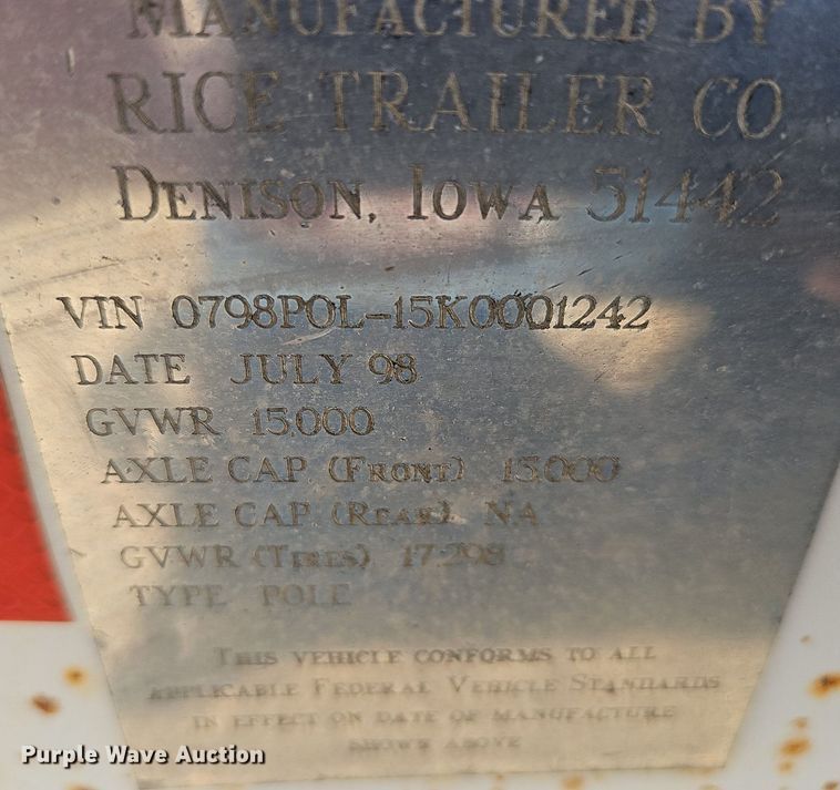 image for item DP0919 1998 Rice Trailer Co. Pole pole trailer