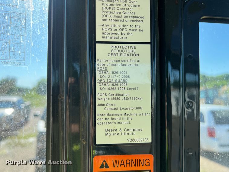 image for item DS3065 2019 John Deere 60G mini excavator