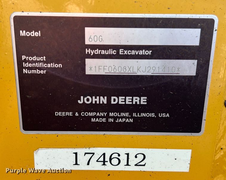 image for item DS3065 2019 John Deere 60G mini excavator