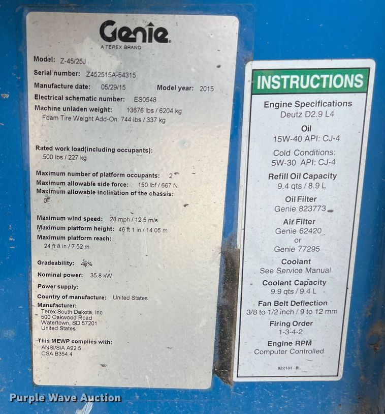 image for item DS3106 2015 Genie Z-45/25J boom lift