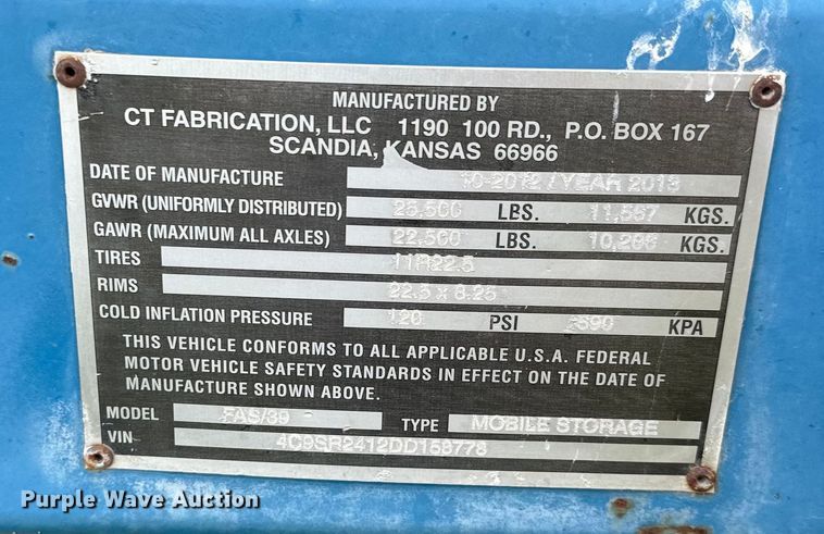 image for item EK1350 2013 CT Fabrication FAS/39 tank trailer