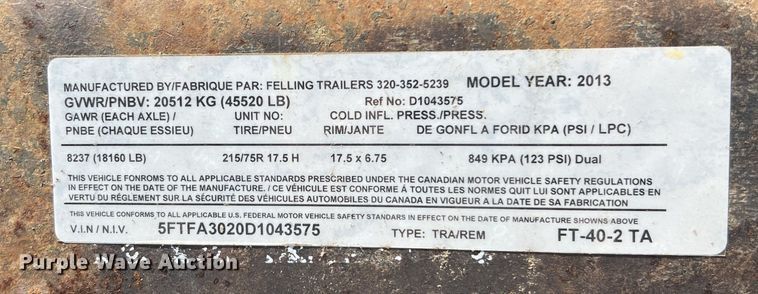 image for item EK4141 2013 Felling FT-40-2 TA tilt deck equipment trailer