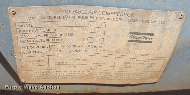 image for item NG9787 2010 Atlas Copco XATS 375 T3 air compressor