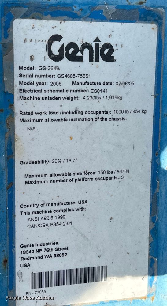 image for item NL9858 2005 Genie GS-2646 scissor lift