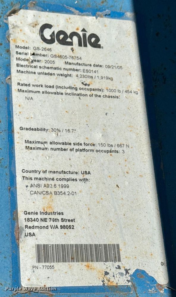 image for item NL9859 2005 Genie GS-2646 scissor lift