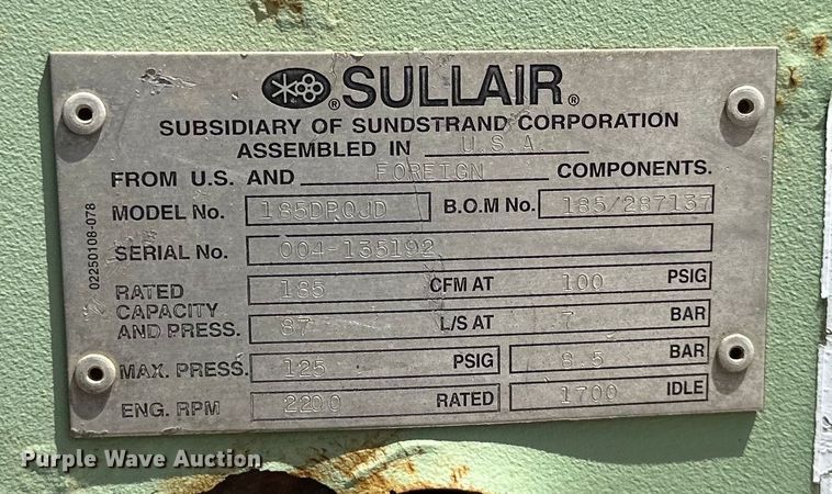 image for item NT9318 Sullair 185D air compressor