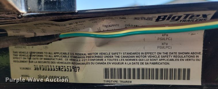 image for item NZ9914 2022 Big Tex 30SA utility trailer