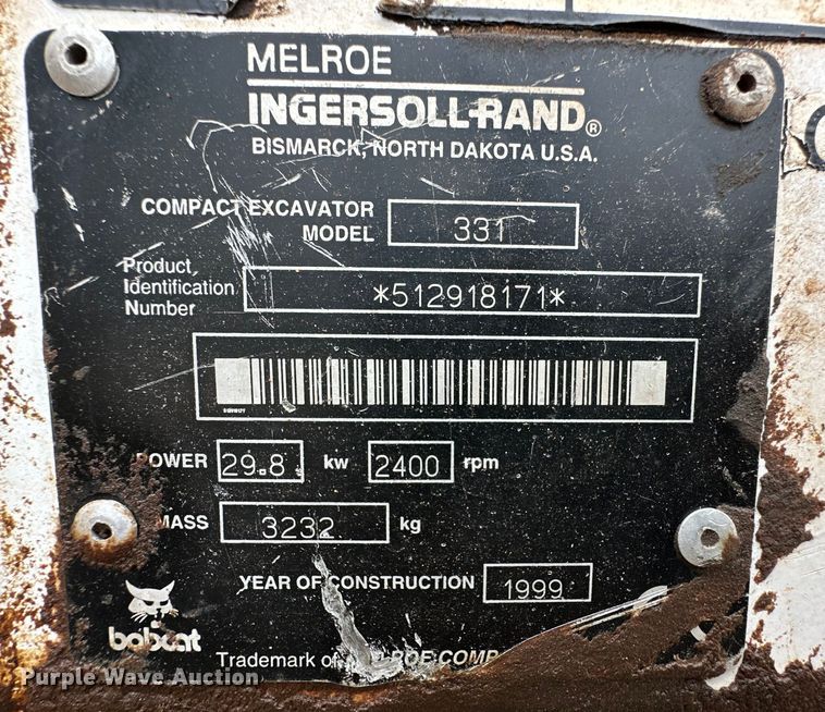 image for item OI9141 1999 Bobcat 331 mini excavator