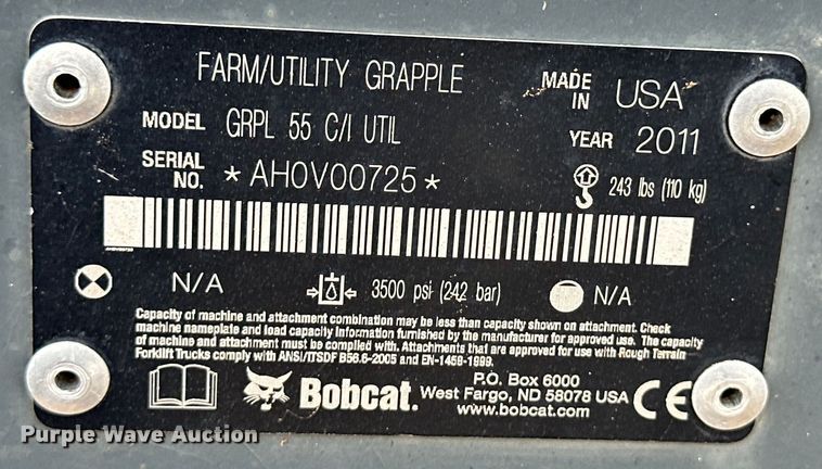 image for item OI9145 2011 Bobcat GRPL55 skid steer grapple