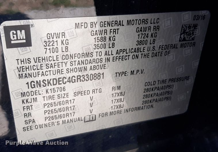 image for item DQ7113 2016 Chevrolet Tahoe Police SUV