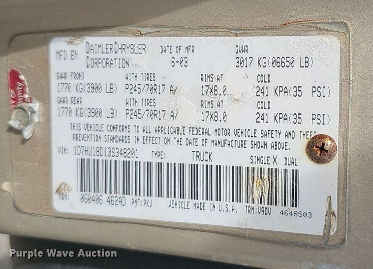 image for item EJ5553 2003 Dodge Ram 1500 Quad Cab pickup truck