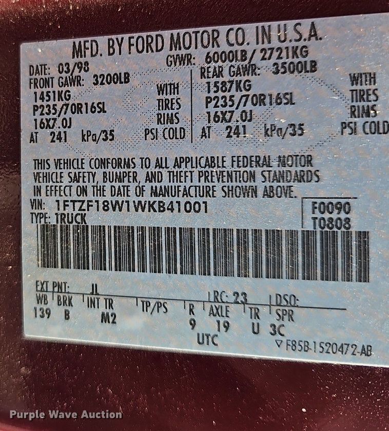 image for item EJ5555 1998 Ford  F150 pickup truck