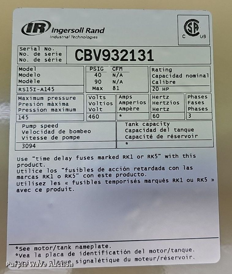 image for item IO9962 2023 Ingersoll Rand RS15i-A145 air compressor