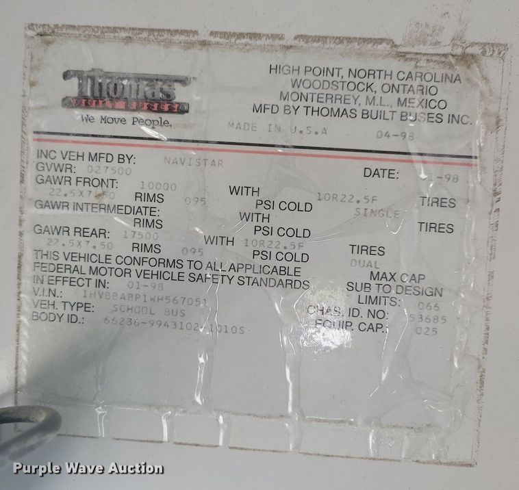 image for item KA9996 1998 Thomas Built 1010S school bus