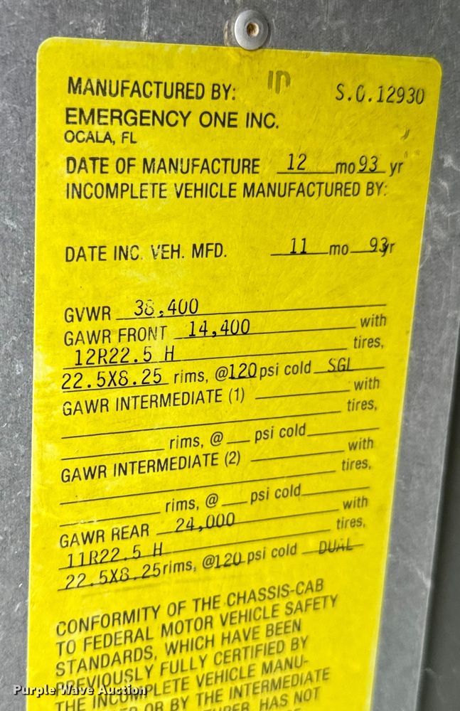 image for item KR9513 1993 Emergency One pumper fire truck