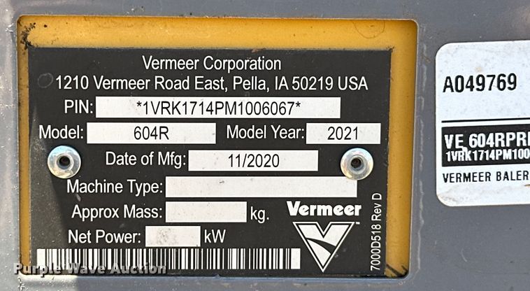 image for item DO6959 2021 Vermeer  604R Premium  round baler