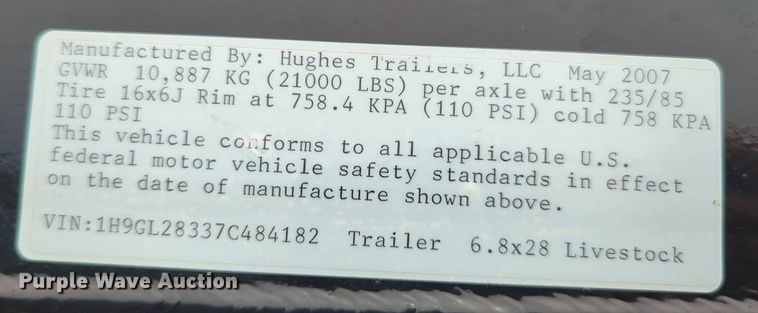 image for item NG9866 2007 Hughes livestock trailer