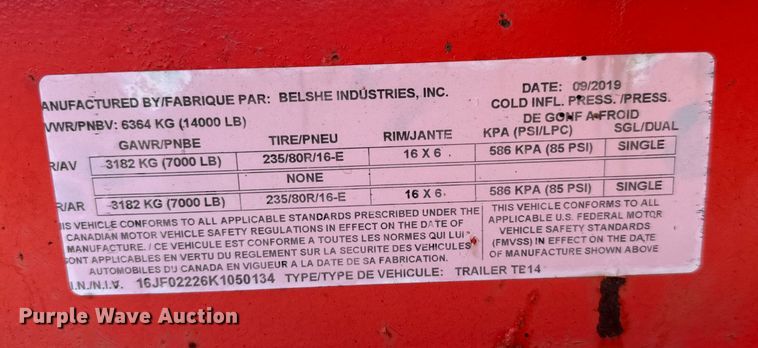 image for item EH3904 2019 Belshe TB14 tilt deck equipment trailer