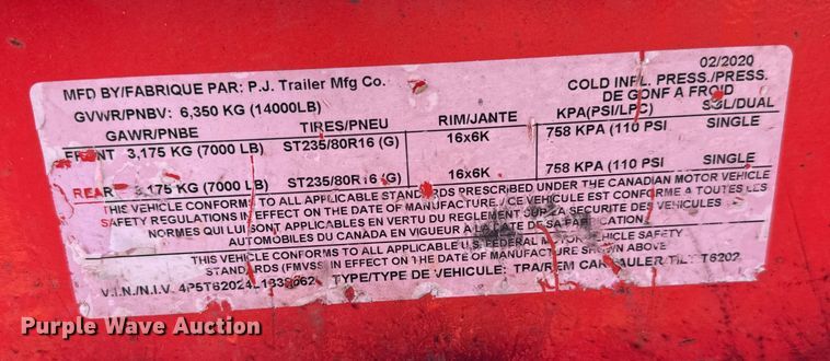 image for item EH3911 2020 PJ Trailer T6202 tilt deck equipment trailer