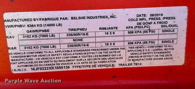 image for item EH3913 2019 Belshe TB14 tilt deck equipment trailer