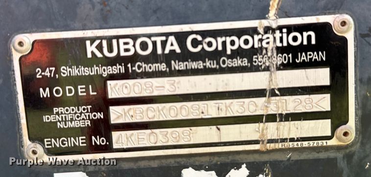 image for item EH3934 2019 Kubota K008-3 mini excavator
