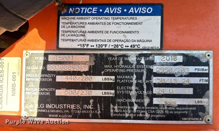 image for item EH3944 2018 JLG T500J boom lift