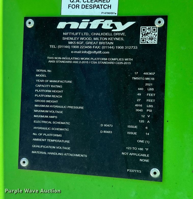 image for item EH3951 2021 Nifty TM50TG MK1B boom lift