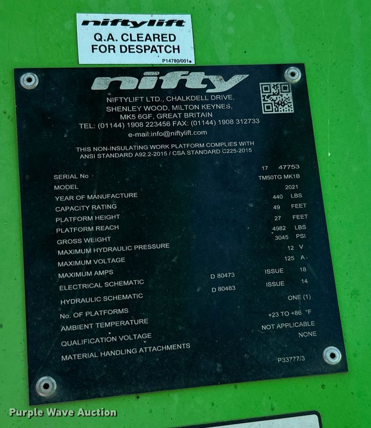 image for item EH3952 2021 Nifty TM50TG MK1B boom lift
