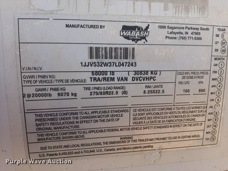 image for item DQ7078 2007 Wabash dry van trailer