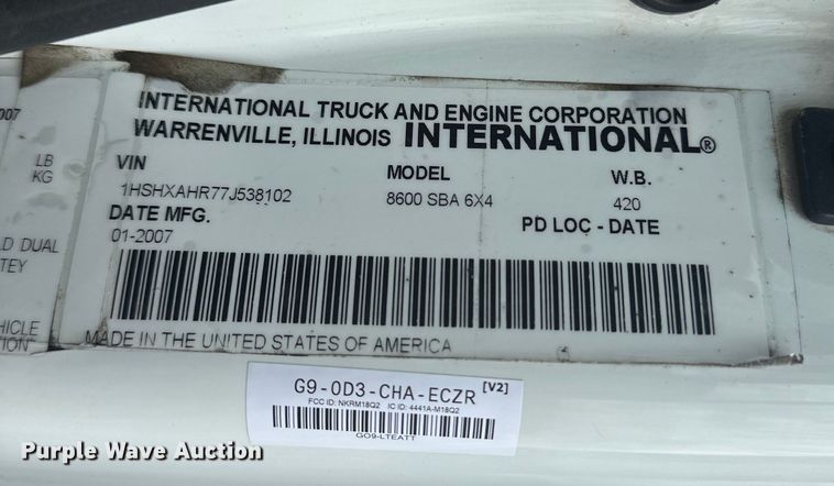 image for item EG1622 2007 International  8600 SBA semi truck