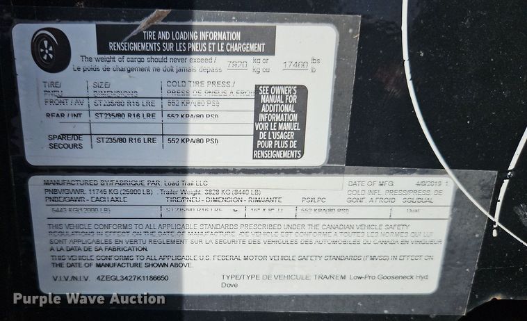 image for item EI3892 2019 Load Trail equipment trailer