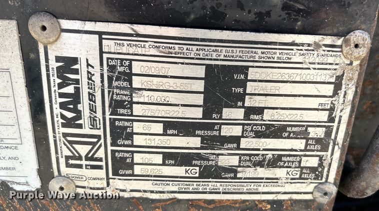 image for item EK4705 2007 Kalyn Siebert KSHRG-3-55T lowboy equipment trailer