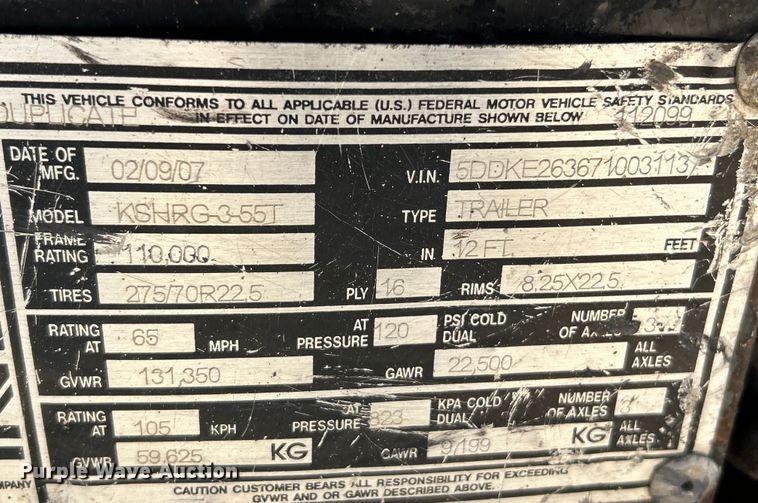 image for item EK4705 2007 Kalyn Siebert KSHRG-3-55T lowboy equipment trailer