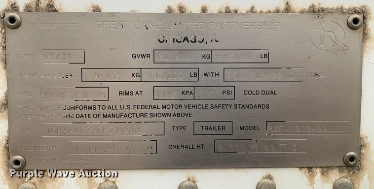 image for item JT9846 2012 Great Dane PSE-1313-22053 dry van trailer