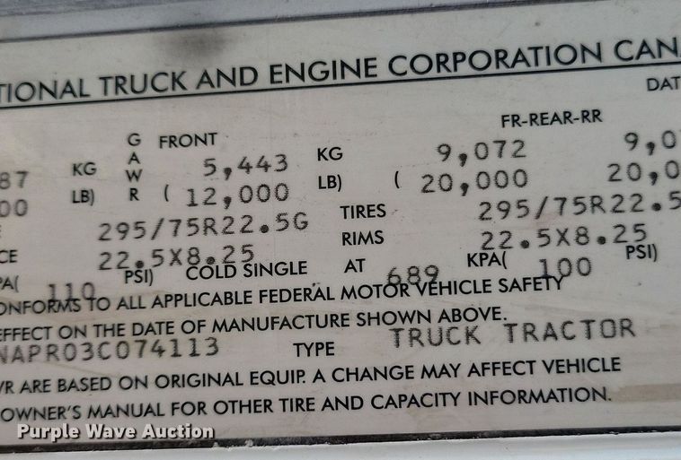 image for item KB9034 2003 International  Eagle 9400i truck cab and chassis