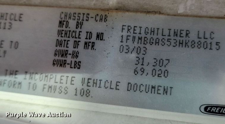 image for item KB9035 2003 Freightliner  FL112 truck cab and chassis