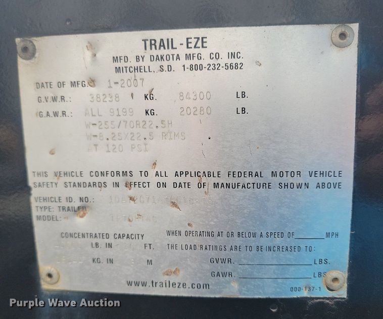 image for item NZ9919 2007 Dakota Manufacturing TE70HT drop deck hydratail equipment trailer