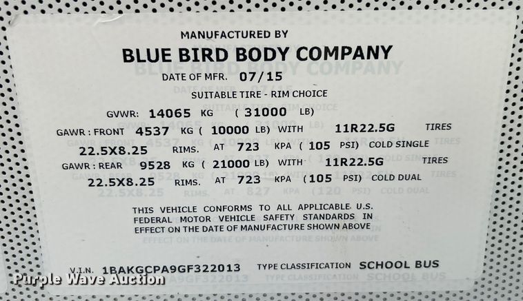 image for item DO6514 2016 Bluebird Vision school bus