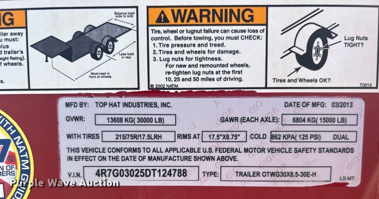 image for item EG1562 2013 Top Hat Industries  equipment trailer