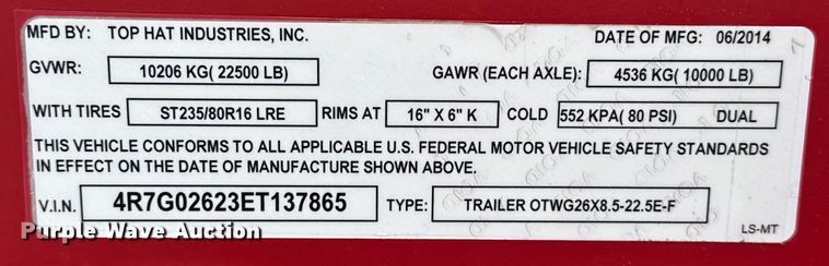 image for item EG1623 2014 TopHat  OTWG26X8.5-22.5E-F equipment trailer