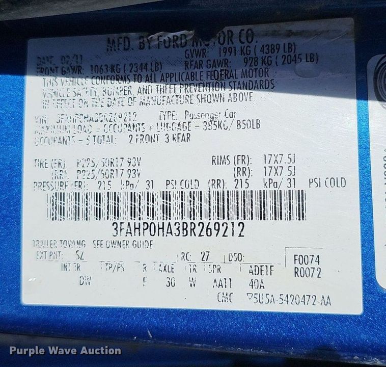 image for item EJ5606 2011 Ford  Fusion  