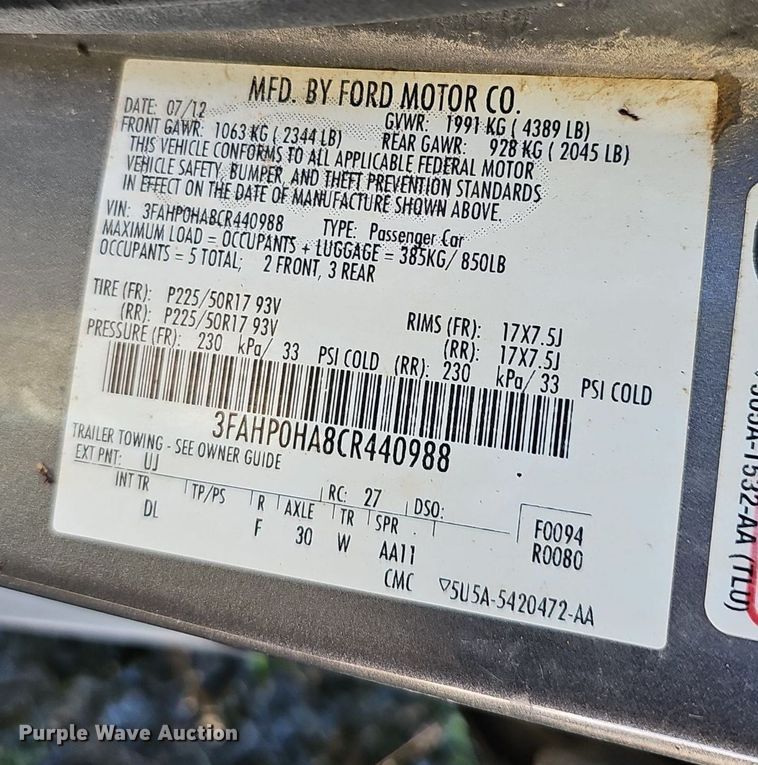 image for item EJ5607 2012 Ford  Fusion  