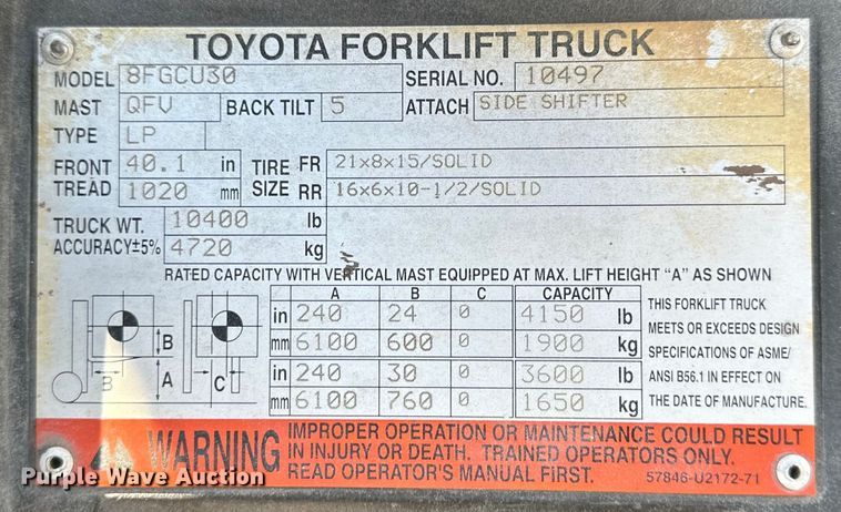 image for item EJ6914 2007 Toyota  8FGCU30 forklift