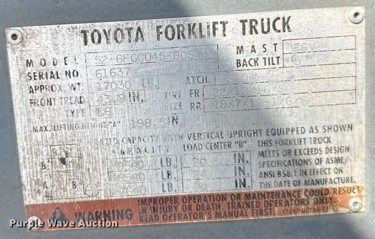 image for item EJ6916 1999 Toyota  52-6FGCU45-BCS forklift