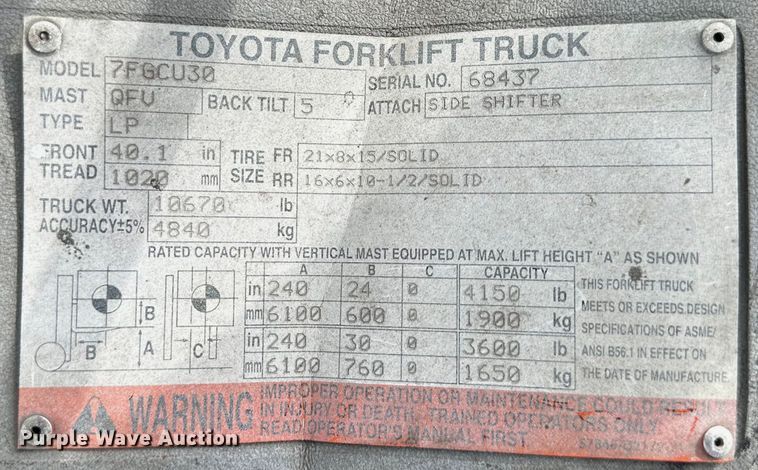 image for item EJ6918 Toyota  7FGCU30 forklift