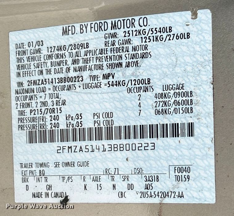 image for item EK4734 2003 Ford Windstar LX van