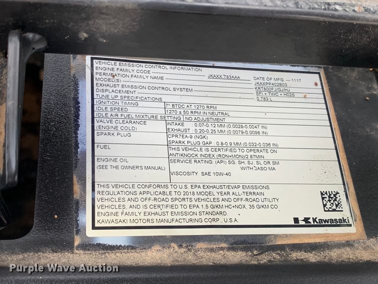 image for item JT9831 2018 Kawasaki KRT800G utility vehicle